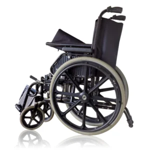 A wheelchair is shown with its wheels down.